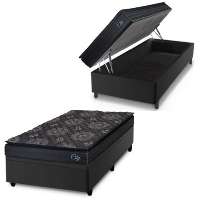 Cama Box Baú Solteiro Colchão Com Molas Ensacadas City Pillow Top 88x188x64cm Preto Hellen Preto