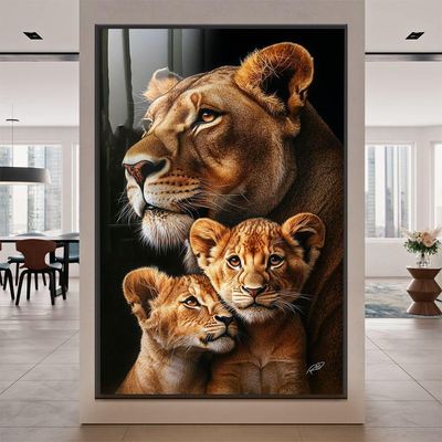 Quadro Decorativo Leoa E Dois Filhotes