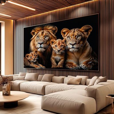 Quadro Decorativo Família De Leões No Preto