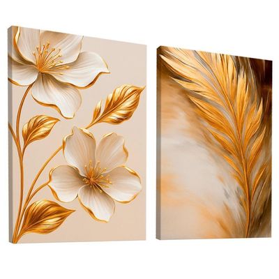 Quadro Decorativo Flor E Folha Dourada Duo
