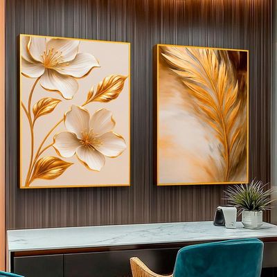 Quadro Decorativo Flor E Folha Dourada Duo