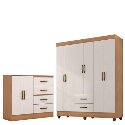 Kit Guarda-roupa Casal 6 Portas Com Cômoda Sapateira 4 Gavetas Lisa Nature/off White