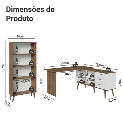 Kit 2 Peças Com Escrivaninha Em L 3 Gavetas E Armário Multiuso Com Vidro Rustic Branco Madesa