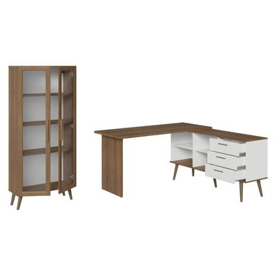 Kit 2 Peças Com Escrivaninha Em L 3 Gavetas E Armário Multiuso Com Vidro Rustic Branco Madesa