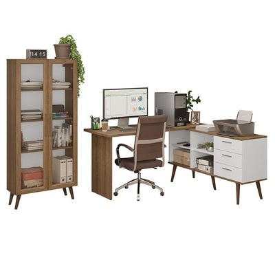 Kit 2 Peças Com Escrivaninha Em L 3 Gavetas E Armário Multiuso Com Vidro Rustic Branco Madesa