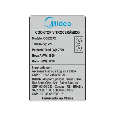 Cooktop 2 Bocas Elétrico Midea CCB20P2 - 220V