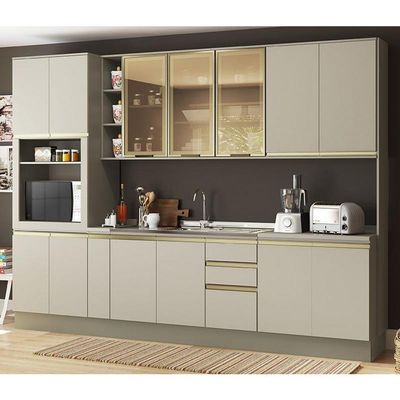 Cozinha Completa 8 Peças Connect Duna/cristal Com Aéreo Vidro E Rodapé - Móveis Henn Duna/cristal