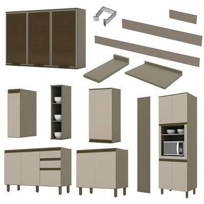 Cozinha Completa 8 Peças Connect Duna/cristal Com Aéreo Vidro E Rodapé - Móveis Henn Duna/cristal