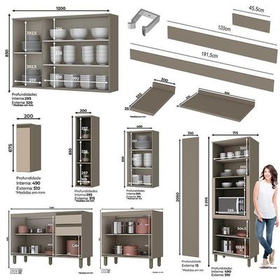 Cozinha Completa 8 Peças Connect Duna/cristal Com Aéreo Vidro E Rodapé - Móveis Henn Duna/cristal