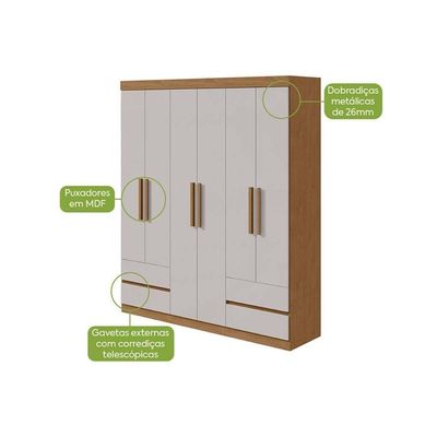 Guarda Roupa Solteiro 6 Portas (2 C- Espelho) E 4 Gavetaszeus Amêndoa - Lopas