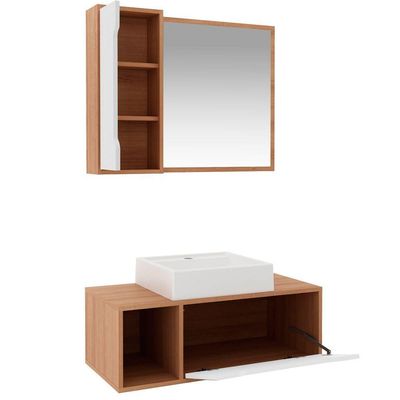 Kit Gabinete E Espelheira De Banheiro 80 Cm Com Cuba Karina Amêndoa-branco