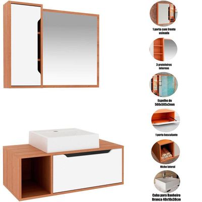 Kit Gabinete E Espelheira De Banheiro 80 Cm Com Cuba Karina Amêndoa-branco