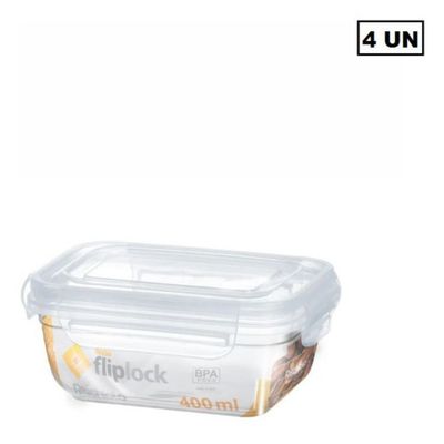 Kit 4 Potes Retagulares Fliplock Em Plástico 400ml-rischioto