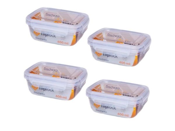 Kit 4 Potes Retagulares Fliplock Em Plástico 400ml-rischioto