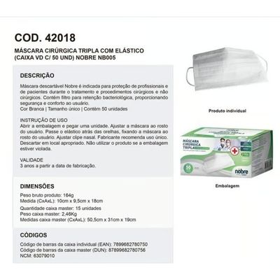 Kit 5 Máscara Descartável Tripla Elástico Clipe Nasal 50 Un.