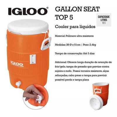 Galão Botijão Cooler Térmico Igloo 18 Lt 5 Gallon = Coleman