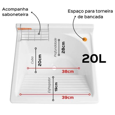 Tanque de Lavar Roupa 20L Cinza com Gabinete 46x43x93cm Lavanderia Área de Serviço