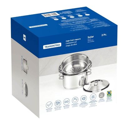 Jogo de Cozi Vapore Tramontina Solar em Aço Inox Fundo Triplo com Alças 2 peças 16 cm