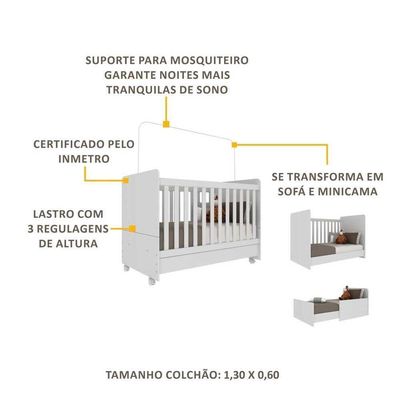 Berço Americano 3 Em 1 Com Rodízios Para Colchão 70 X 130 Cm Multimóveis Pimpolho Branco