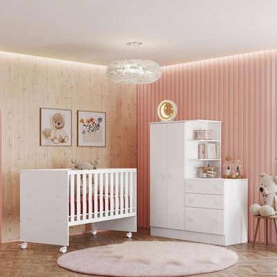 Berço 3540 E Guarda Roupa Com Cômoda 4070 Doce Sonho Branco Brilho E Colchão Gazin – Qmovi