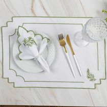 Kit 12 Jogos Americanos Guardanapos De Mesa Retangular Bordado Alecrim - Branco