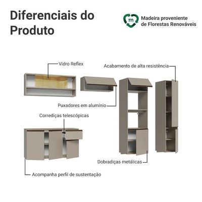 Armário De Cozinha Completa 300 Cm Suspenso Nice Madesa 07 Crema