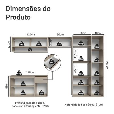 Armário De Cozinha Completa 300 Cm Suspenso Nice Madesa 07 Crema