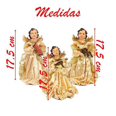 Conjunto 3 Estátuas De Natal Decorativa Em Resina Anjos Musicais Dourados 17,5cm