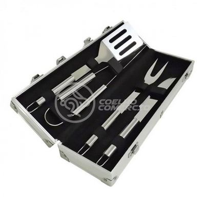 Kit Churrasco 4 Peças Em Aço Inox Com Maleta Em Alumínio