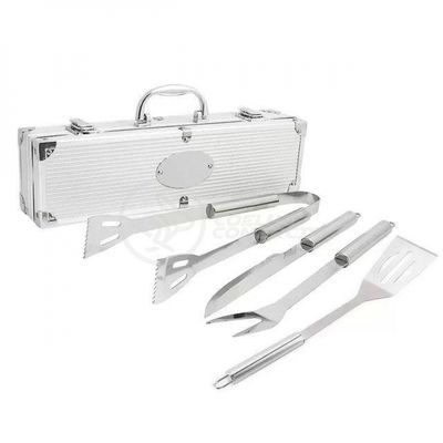Kit Churrasco 4 Peças Em Aço Inox Com Maleta Em Alumínio