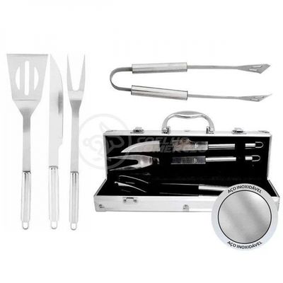 Kit Churrasco 4 Peças Em Aço Inox Com Maleta Em Alumínio