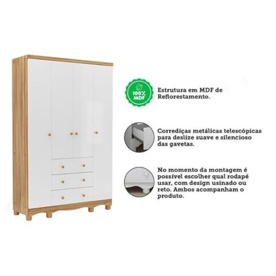 Guarda Roupa 4 Portas c/ e 3 Gavetas Júnior Branco - Peroba