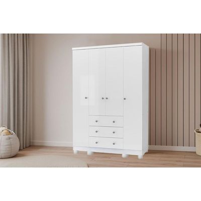 Guarda Roupa 4 Portas c/ e 3 Gavetas Júnior Branco - Peroba