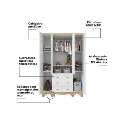 Guarda Roupa 4 Portas c/ e 3 Gavetas Júnior Branco - Peroba