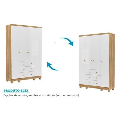 Guarda Roupa 4 Portas c/ e 3 Gavetas Júnior Branco - Peroba