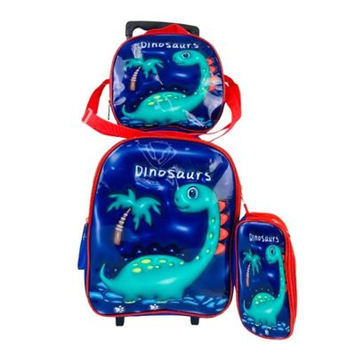 Kit Mochila Escolar Rodinhas Dinossauro Com Lancheira Estojo