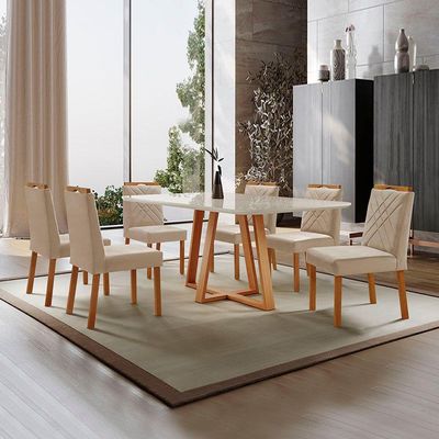 Conjunto Sala De Jantar Mesa Florença 180x90cm Off White Com 6 Cadeiras Dallas Veludo Bege