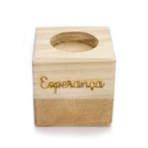 Porta Vela Quadrado Natal Esperança Madeira E Dourado 7Cm