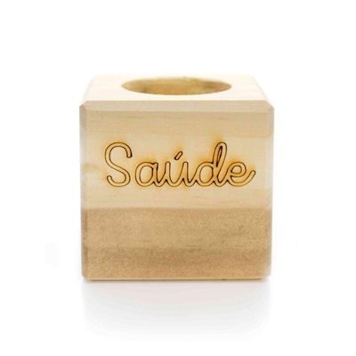 Porta Vela Quadrado Natal Saúde Madeira E Dourado 7Cm