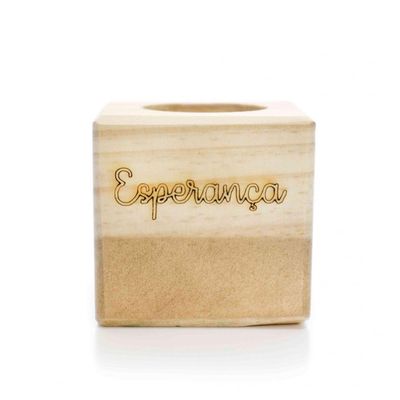 Porta Vela Quadrado Natal Esperança Madeira E Dourado 7Cm