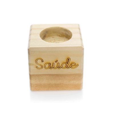 Porta Vela Quadrado Natal Saúde Madeira E Dourado 7Cm