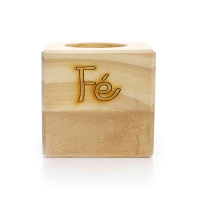 Porta Vela Quadrado Natal Fé Madeira E Dourado 7Cm