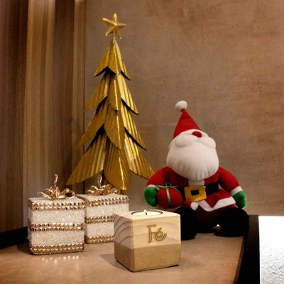 Porta Vela Quadrado Natal Fé Madeira E Dourado 7Cm