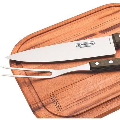 Kit Para Churrasco Tramontina Em Aço Inox Cabo Castanho Polywood Com Tabua De Madeira 3 Peças