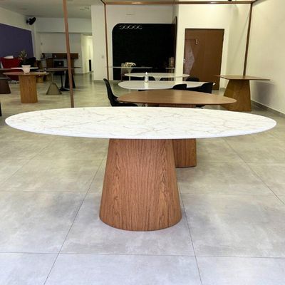 Mesa De Jantar Cone Oval 160x90 Cm Tampo Marmorizado Calacata Bronze - Base Freijó Marrom