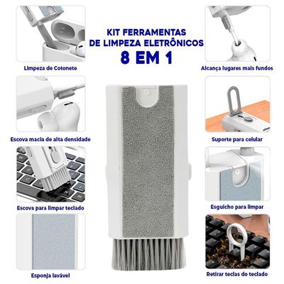 Kit Ferramentas De Limpeza Eletrônicos 8 Em 1 Teclado Headset Fones Notebooks Celulares Branco
