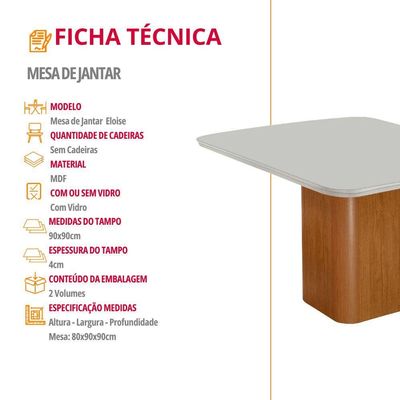 Mesa Jantar Eloise 90cm Tampo Mdf Vidro Canto Copo Moderna Naturalle Off White Serigrafia