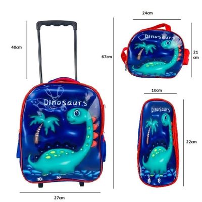 Kit Mochila Infantil Com Rodinhas Dino C/ Estojo E Lancheira