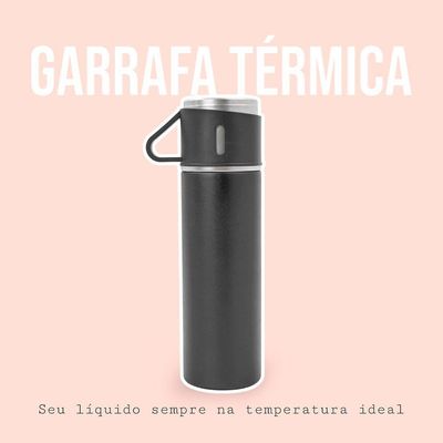 Garrafa Termica Parede Dupla 3 Copo Aço Inox Squeeze 500ml Preto