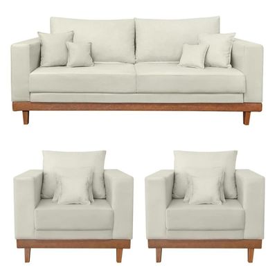Kit 2 Poltronas Living + Sofá 2 Lugares Base Madeira Suede Bege